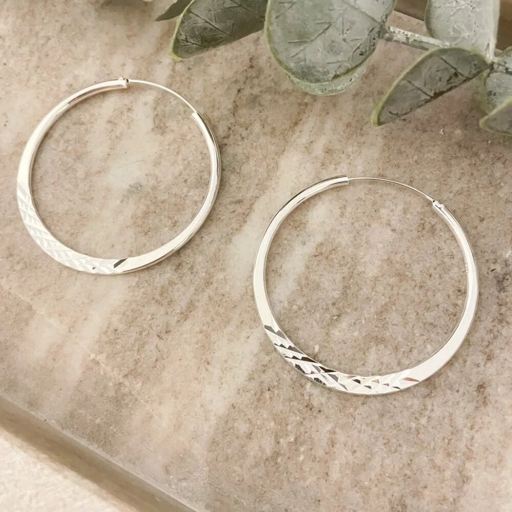 925 Sterling Silver Diamond Cut Hoop Earrings Textured Hoops Silver 2 inch Hoops - Picture 4 of 5